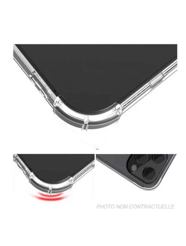 La photo est non contractuelle, la forme peut changer en fonction du modèle de smartphone (emplacement caméra, etc...), seule l'apparence demeure. CARACTÉRISTIQUES Compatible : Apple iPhone 13 Pro Max Inclus : La coque de protection Avec : Marque : Modèle : Couleur externe : Transparent Couleur interne : Transparent Texture : Lisse Matière : Silicone Type : TPU (polyuréthanes thermoplastiques)